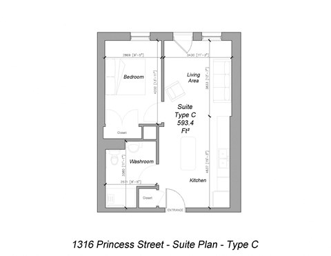 Floor plan for 1 bed, 1 bath, 593 sqft